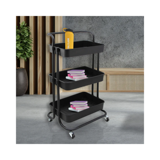 Carrito Organizador hogar cuenta con tres funcionales repisas plastificadas con detalles decorativos Aura Muebles modelo MITRE-00