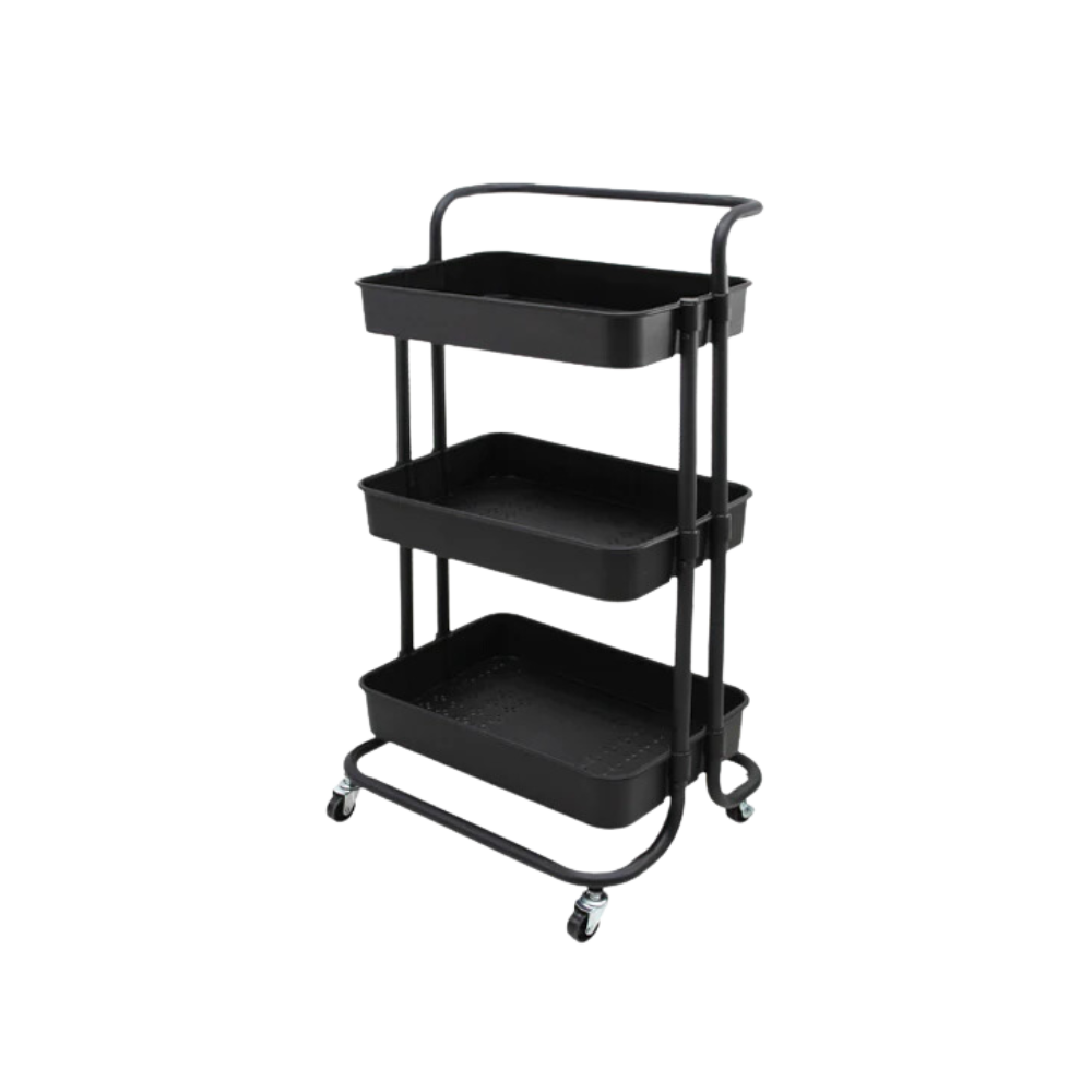 Carrito Organizador hogar cuenta con tres funcionales repisas plastificadas con detalles decorativos Aura Muebles modelo MITRE-00