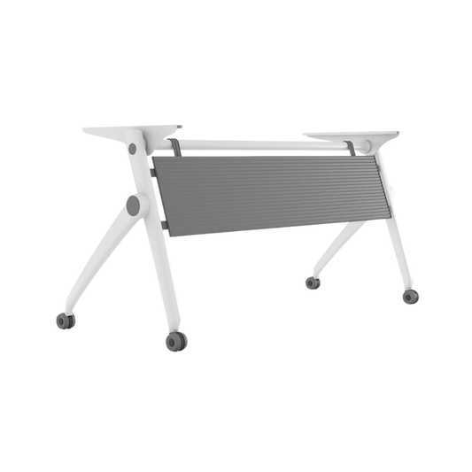 Escritorio ARA OHM-17 blanco con estructura metálica, ruedas y faldón frontal, ideal para oficina moderna