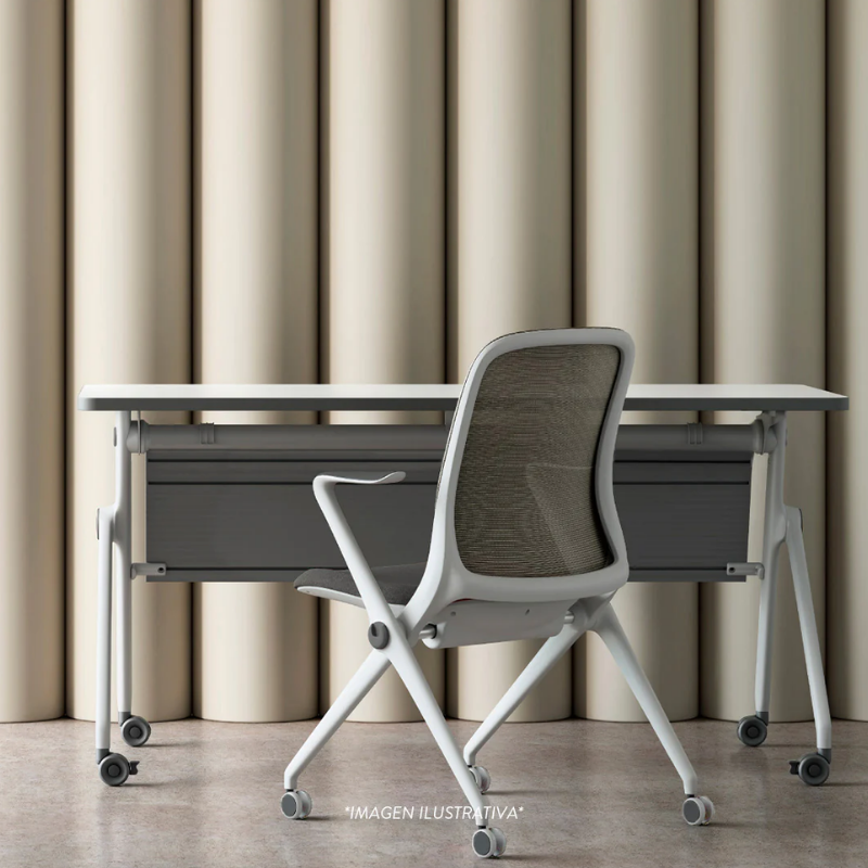 Escritorio ARA OHM-17 blanco con estructura metálica, ruedas y faldón frontal, ideal para oficina moderna