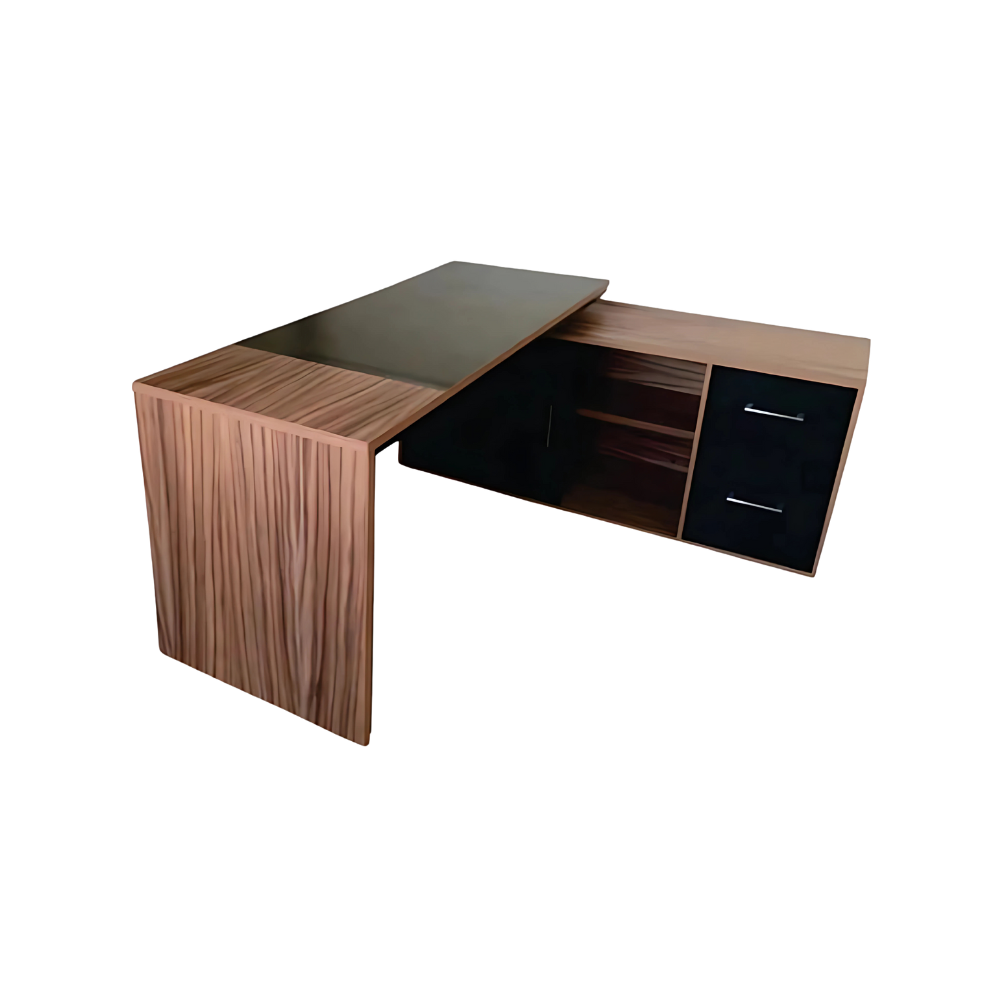 Escritorio ejecutivo en L diseño minimalista con medidas en cubierta escritorio 180 x 80 x 75 / 160 x 60 x 75 cuenta con estructura metálica interna Aura Muebles modelo DAKOTA EEJ13