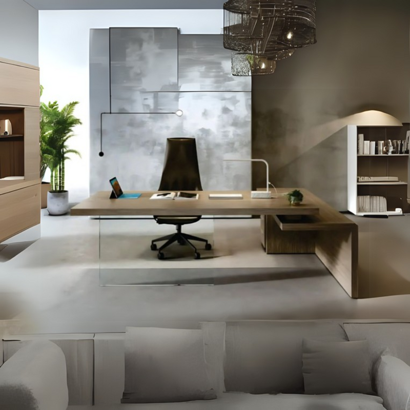 Escritorio ejecutivo volado visualmente sobre cristal, con credenza conector a juego con cajonera sea lado derecho o izquierdo según sea su uso Aura Muebles modelo GLASSO EEJ17