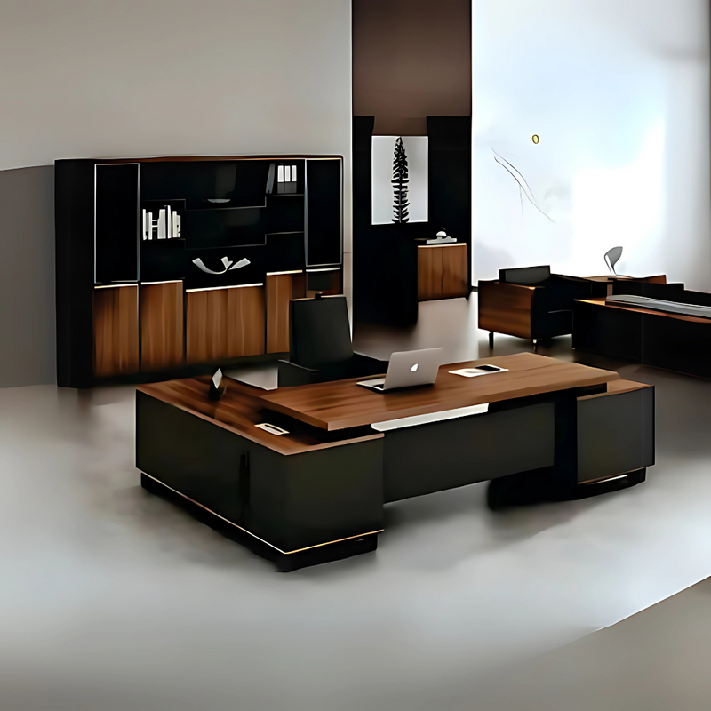 Diseño elegante y señorial combinado en color de cubiertas con pisos. Escritorio ejecutivo con credenza lateral derecha o izquierda según sea el uso. Escritorio y credenza sobre estructuras metálicas de acero Aura Muebles modelo GOBE EEJ02