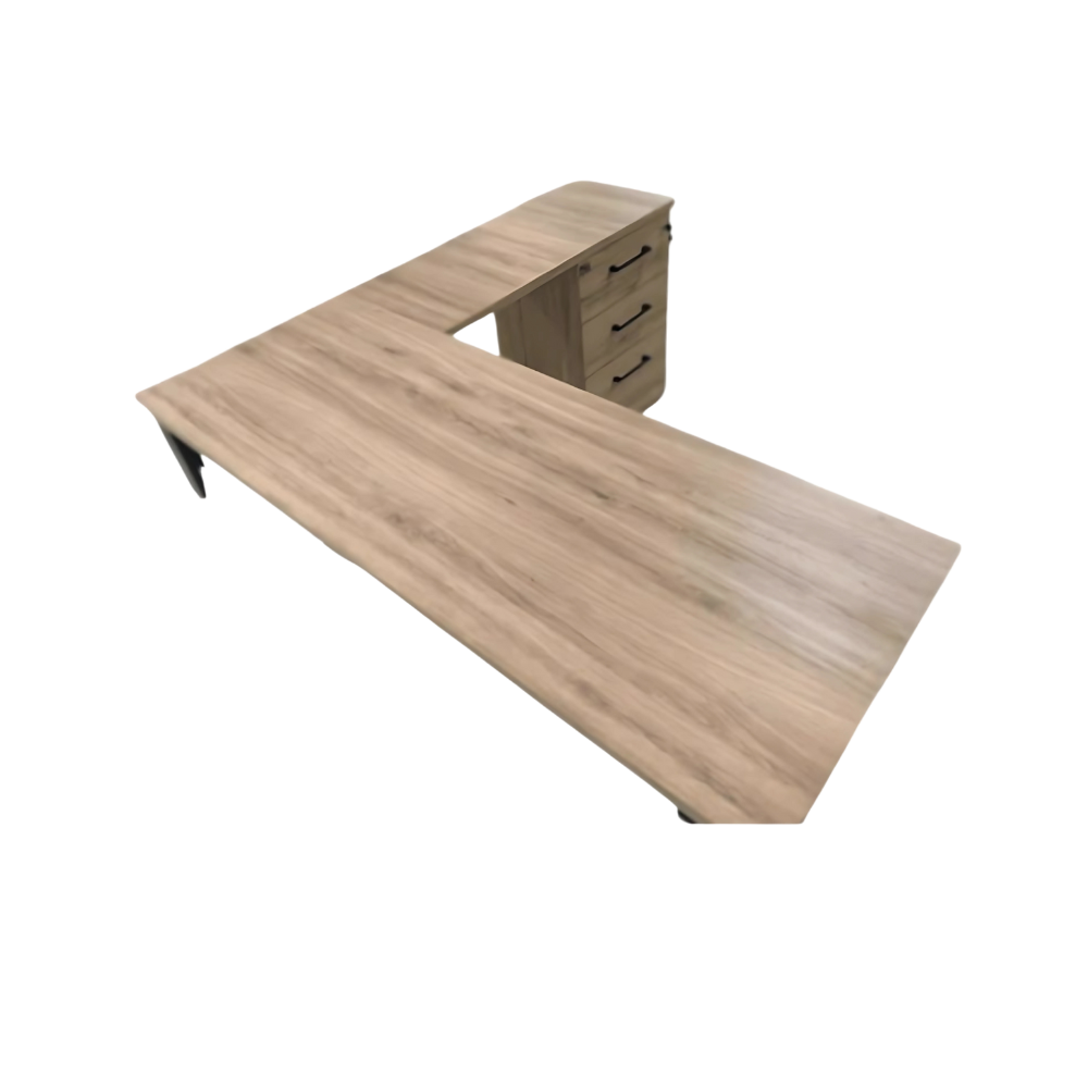 Escritorio ejecutivo KANSAS en tipo L 160 x 60 x 75 con lateral de 80/100 x 50 x 75 Estructura metálica de 2 x 2 en "O"COLOR a elegir cubierta en 28 mm cajonera de 2 mas 1. colora elegir Aura Muebles modelo EEJ18