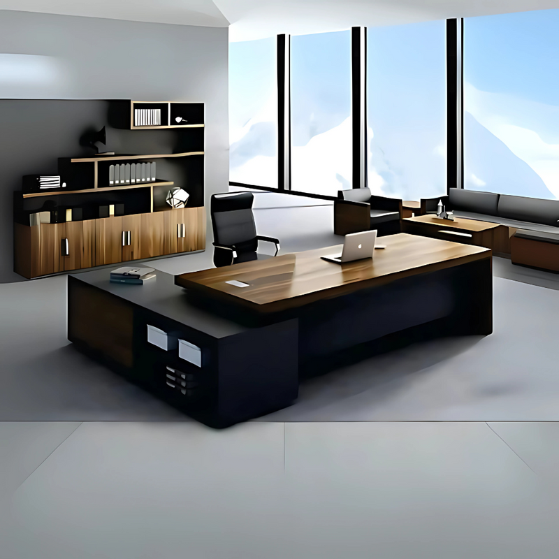 Escritorio medida 180 x 80 x 75 fabricado en tablero laminado doble cara 28 mm volado por medio alza sobre credenza y cajonera. Credenza fabricada en tablero laminado doble cara 16 mm medida 180 x 50 x 65. Aura Muebles modelo NONO EEJ03