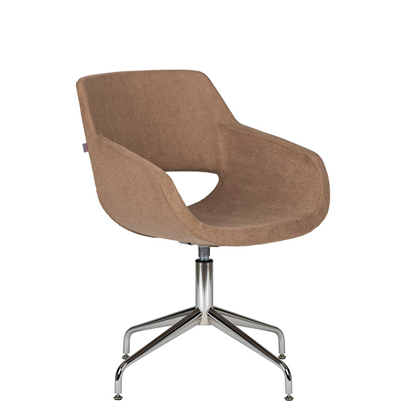 Sillon de visita Flok marón de perfil con base fija de cuatro puntas tipo spider cromada
