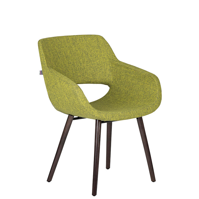 Sillon de visita Flok verde de perfil con base de madera de haya disponible en colores Wenge, Negro y Natural.
