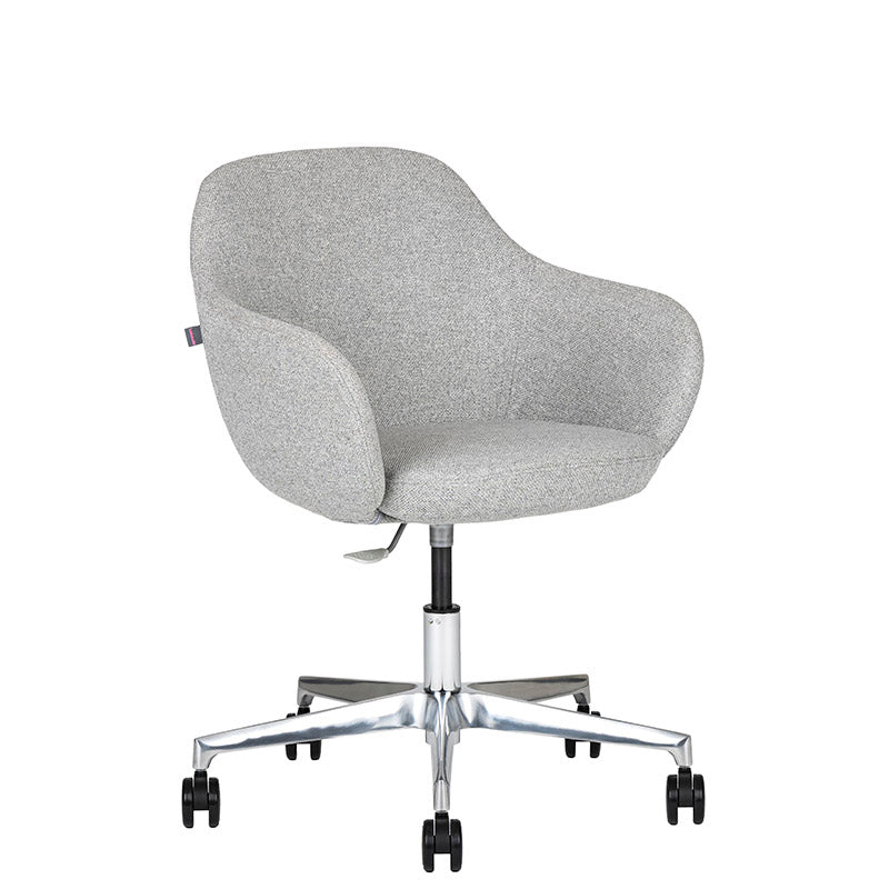 Sillón de Visita kimbra gris claro de perfil con Base de aluminio con rodajas y altura ajustable.