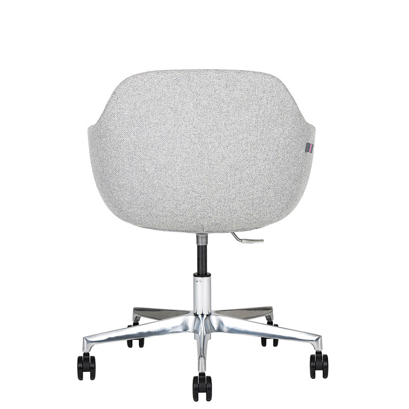 Sillón de Visita kimbra gris claro detrás con Base de aluminio con rodajas y altura ajustable.