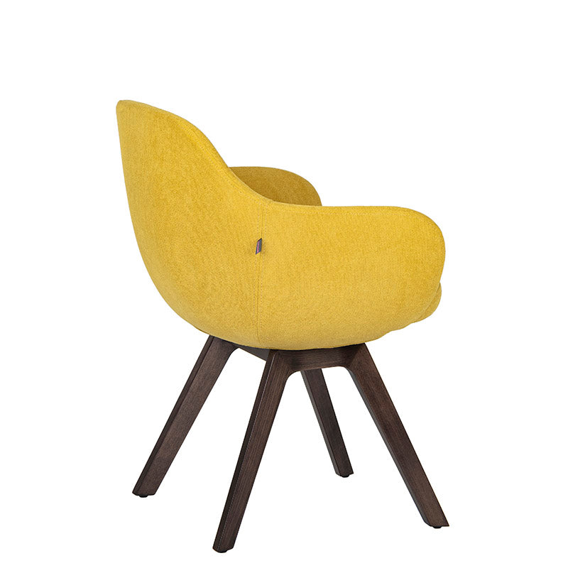 Sillón de Visita kimbra amarillo de lado atrás con base de madera de haya disponible en colores Wenge, Negro y Natural.