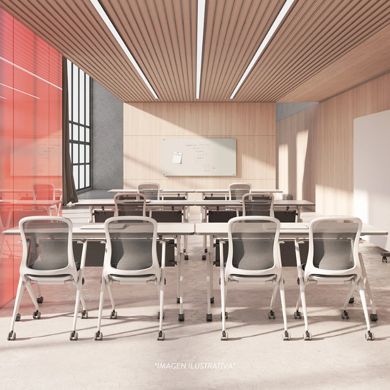 Mesa abatible blanca ARA para oficina moderna con ruedas y diseño minimalista