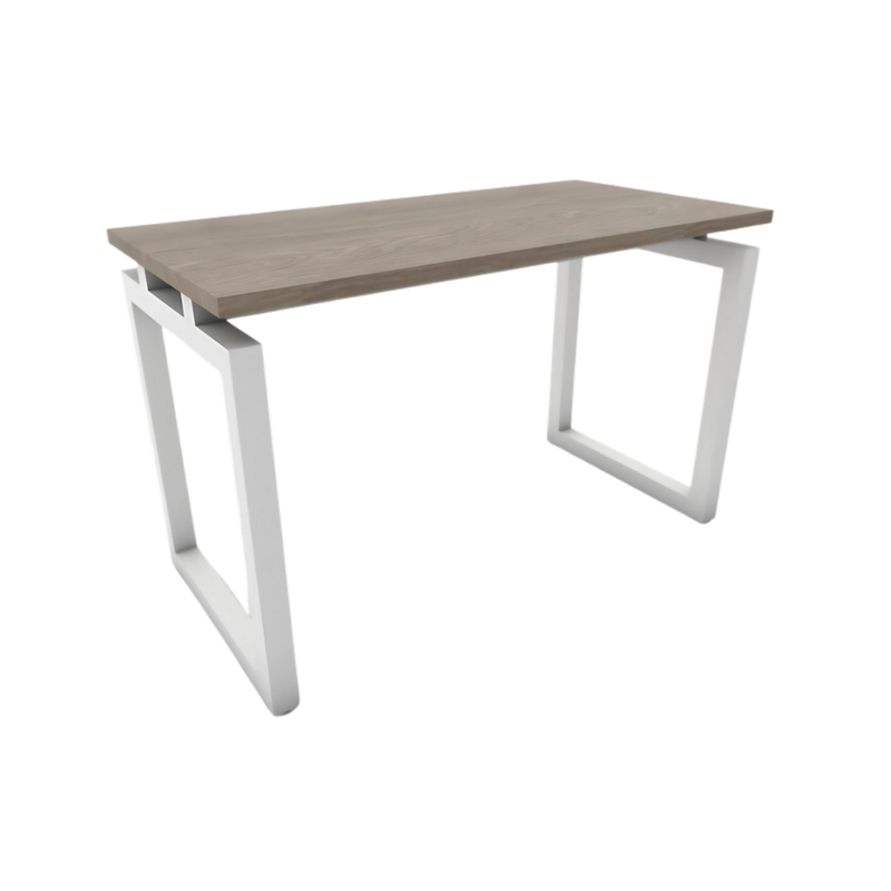 Mesa de trabajo con cubierta de melamina suspendida sobre estructura metálica de 2″ tubular cuadrado patas tipo “O” y nivelador de altura ajustable Aura Muebles modelo MT 140