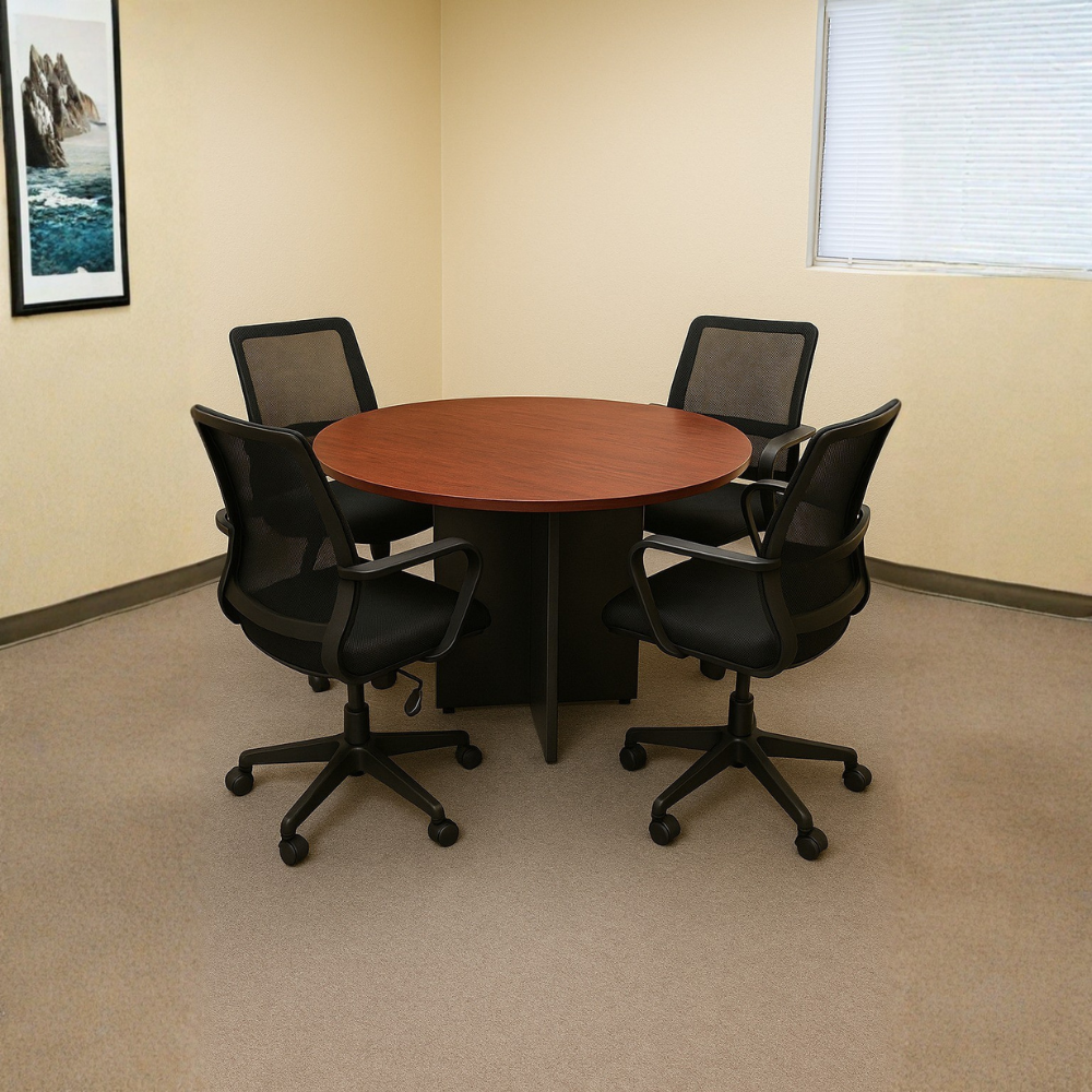 Mesas para sala de juntas Cubierta tablero laminado 16 mm doble cara con cantos termo fusionados al color. Medida: 120 x 75 redonda Aura Muebles modelo MEJ16