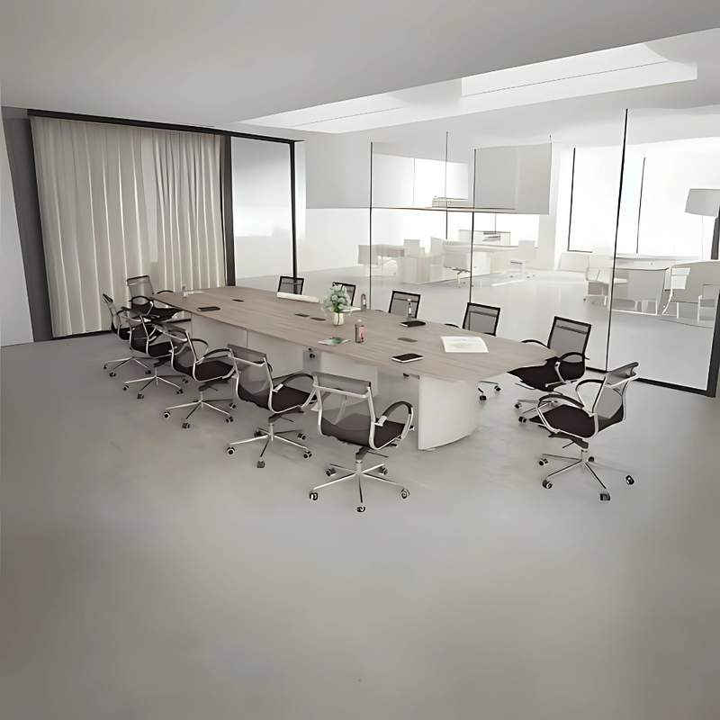 Mesas para sala de juntas para 14 personas. Fabricada en tablero laminado doble cara 28 mm con cantos termofusionados. Medidas: 480 x 120 x 75cm. Aura Muebles modelo MEJ23