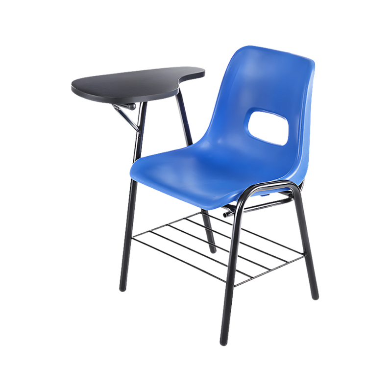 Pupitre escolar con asiento y respaldo en una sola pieza de polipropileno sin tapiz, concha fijada con pijas de 10×1½”, canastilla en varilla de acero pulido de 1/4” soldada, paleta en melamina de dos caras en 19 mm. en color negro con canto rígido en PVC Aura Muebles modelo PL-11