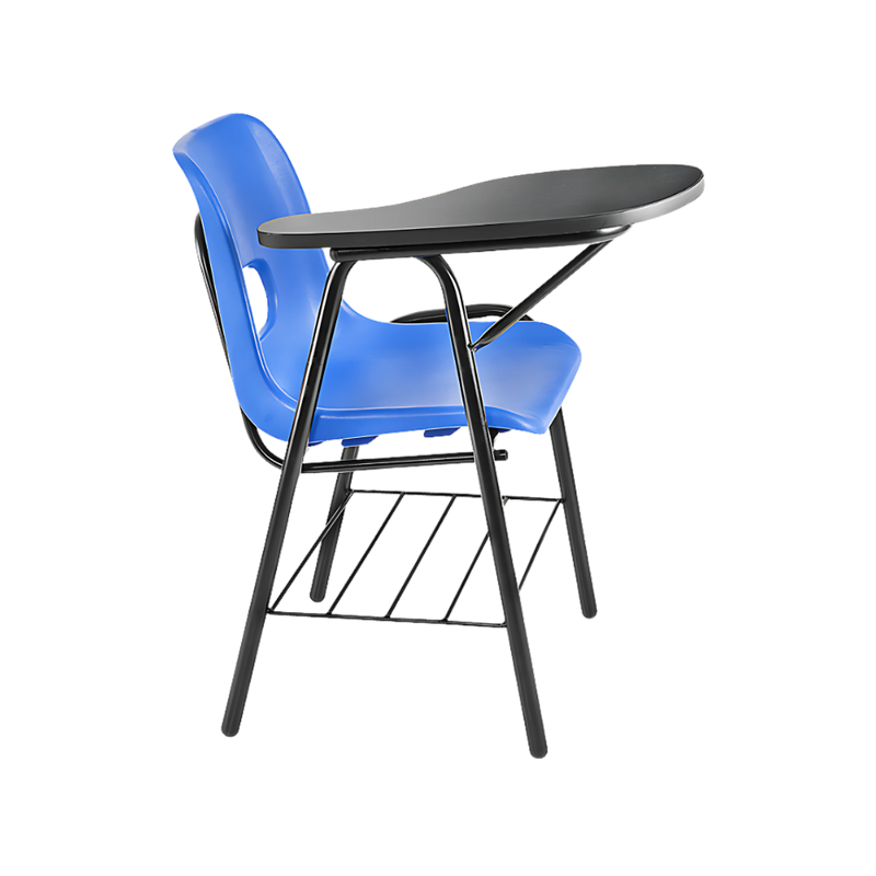 Pupitre escolar con asiento y respaldo en una sola pieza de polipropileno sin tapiz, concha fijada con pijas de 10×1½”, canastilla en varilla de acero pulido de 1/4” soldada, paleta en melamina de dos caras en 19 mm. en color negro con canto rígido en PVC Aura Muebles modelo PL-11