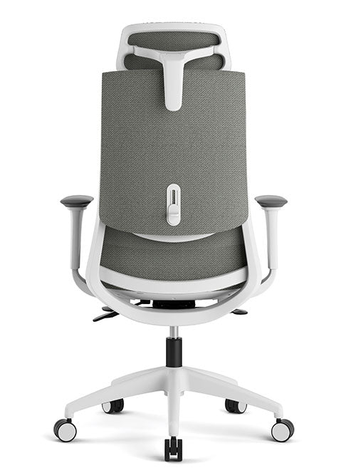 Sillón Ejecutivo Royal White respaldo alto con cabecera, malla NeoMesh y asiento tapizado en tela. Ideal para oficinas modernas y ejecutivas. Vista por atrás