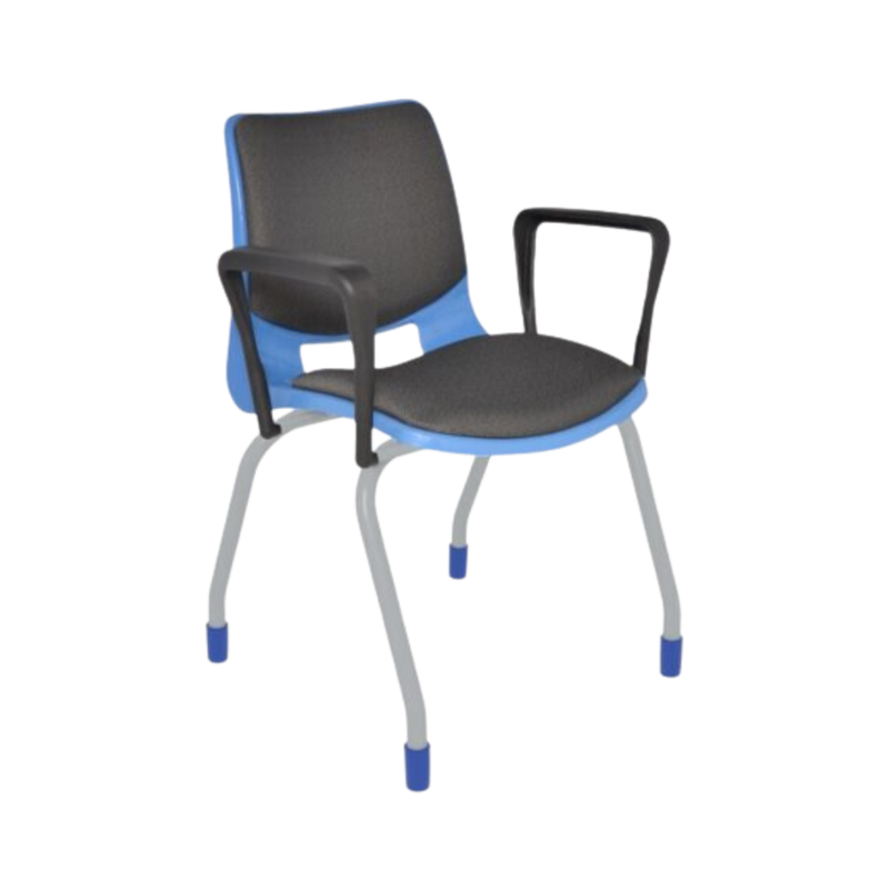 Silla escolar BOLD con brazos y tapizada con estructura fabricada de tubular redondo de 1” cal. 14 acabado en cromo o pintura horneada micropulverizada en color gris aluminio. Asiento y respaldo integrados por una concha de polipropileno con transferencia térmica Aura Muebles modelo EB-110