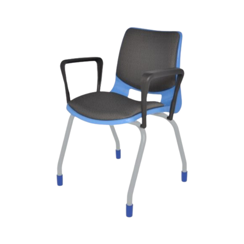 Silla escolar BOLD con brazos y tapizada con estructura fabricada de tubular redondo de 1” cal. 14 acabado en cromo o pintura horneada micropulverizada en color gris aluminio. Asiento y respaldo integrados por una concha de polipropileno con transferencia térmica Aura Muebles modelo EB-110