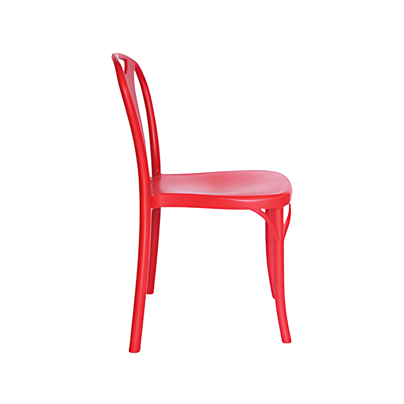 Silla para restaurante con respaldo asiento y patas de una sola pieza en polipropileno de alta resistencia y duración para la intemperie resistente a los rayos ultravioleta (UV) y al ambiente salino color rojo BISTROT Aura Muebles modelo OHV-119