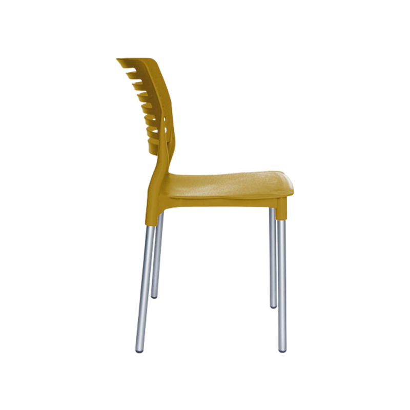 Silla para restaurante con asiento y respaldo de una sola pieza en polipropileno de alta resistencia y duración para la intemperie resistente a los rayos ultravioleta (UV) y al ambiente salino Color Mostaza BREEZE Aura Mueble modelo OHV-69