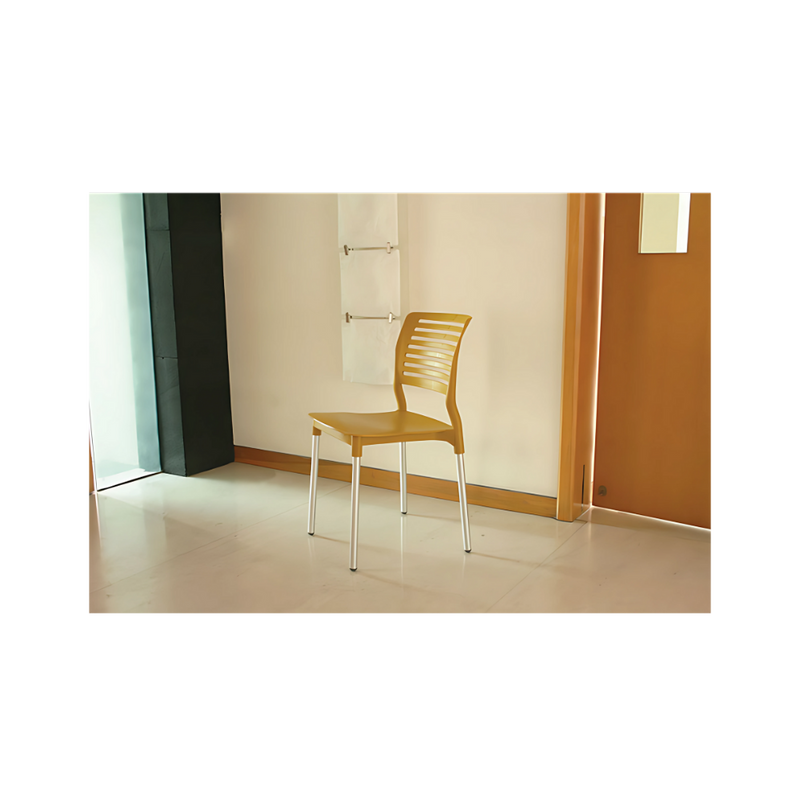 Silla para restaurante con asiento y respaldo de una sola pieza en polipropileno de alta resistencia y duración para la intemperie resistente a los rayos ultravioleta (UV) y al ambiente salino Color Mostaza BREEZE Aura Mueble modelo OHV-69