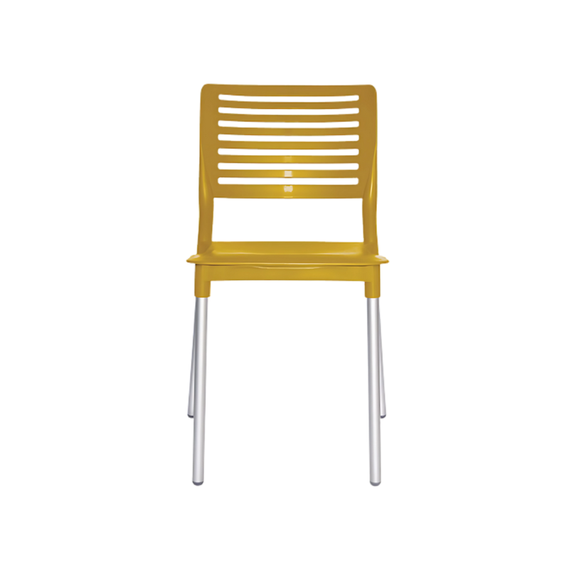 Silla para restaurante con asiento y respaldo de una sola pieza en polipropileno de alta resistencia y duración para la intemperie resistente a los rayos ultravioleta (UV) y al ambiente salino Color Mostaza BREEZE Aura Mueble modelo OHV-69