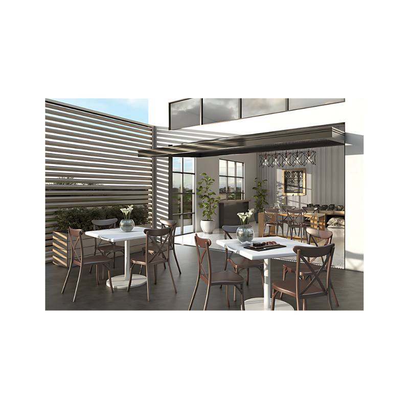 Silla para restaurante con respaldo asiento y patas de una sola pieza en polipropileno de alta resistencia y duración para intemperie resistente a los rayos ultravioleta (UV) y al ambiente salino Color Chocolate EQQUS Aura Muebles modelo OHV-117