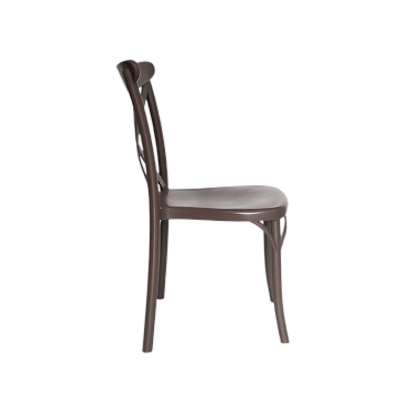Silla para restaurante con respaldo asiento y patas de una sola pieza en polipropileno de alta resistencia y duración para intemperie resistente a los rayos ultravioleta (UV) y al ambiente salino Color Chocolate EQQUS Aura Muebles modelo OHV-117