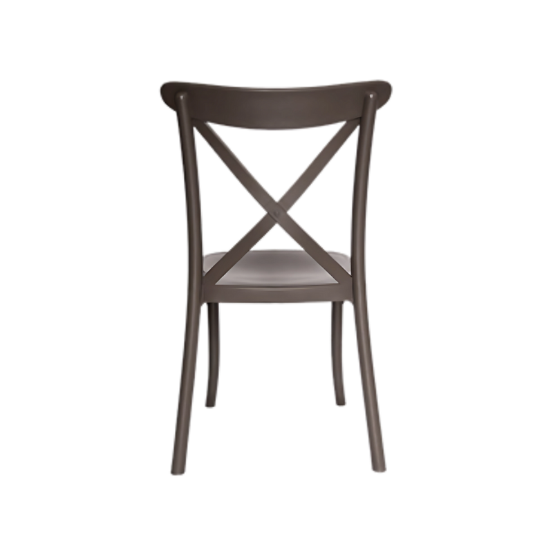 Silla para restaurante con respaldo asiento y patas de una sola pieza en polipropileno de alta resistencia y duración para intemperie resistente a los rayos ultravioleta (UV) y al ambiente salino Color Chocolate EQQUS Aura Muebles modelo OHV-117
