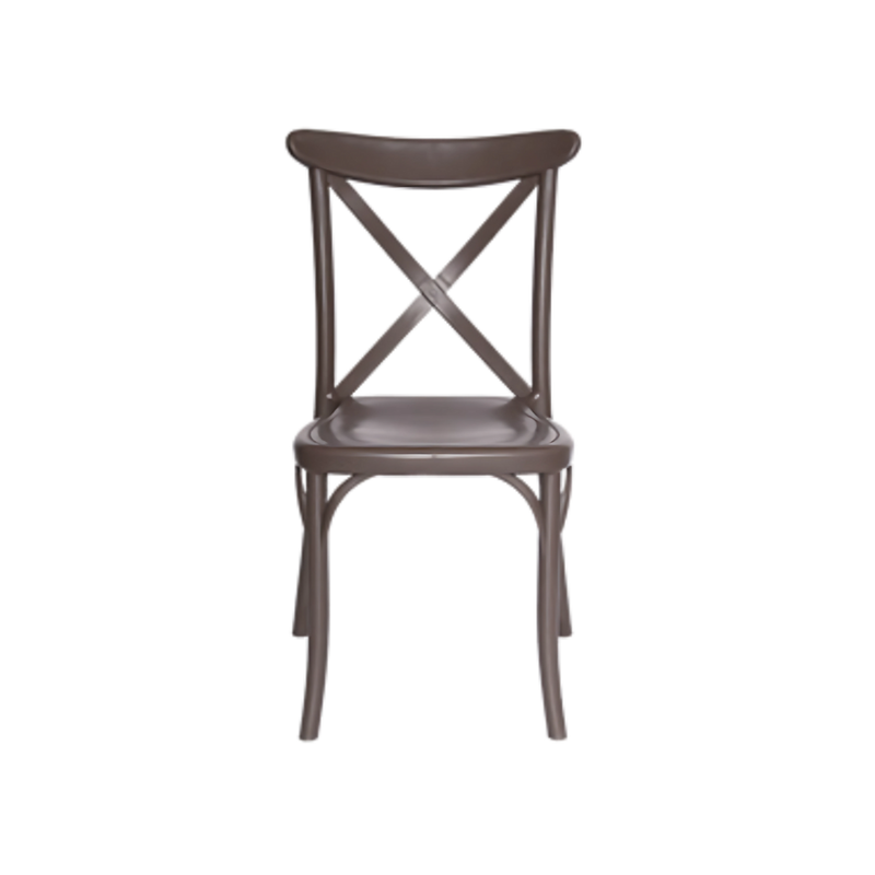Silla para restaurante con respaldo asiento y patas de una sola pieza en polipropileno de alta resistencia y duración para intemperie resistente a los rayos ultravioleta (UV) y al ambiente salino Color Chocolate EQQUS Aura Muebles modelo OHV-117