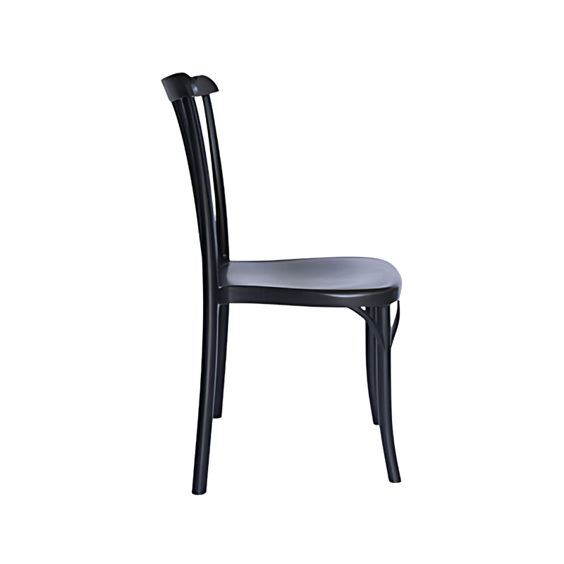 Silla para restaurante con respaldo asiento y patas de una sola pieza en polipropileno de alta resistencia y duración para intemperie resistente a los rayos ultravioleta (UV) y al ambiente salino Color Negro NORDIK Aura Muebles modelo OHV-118
