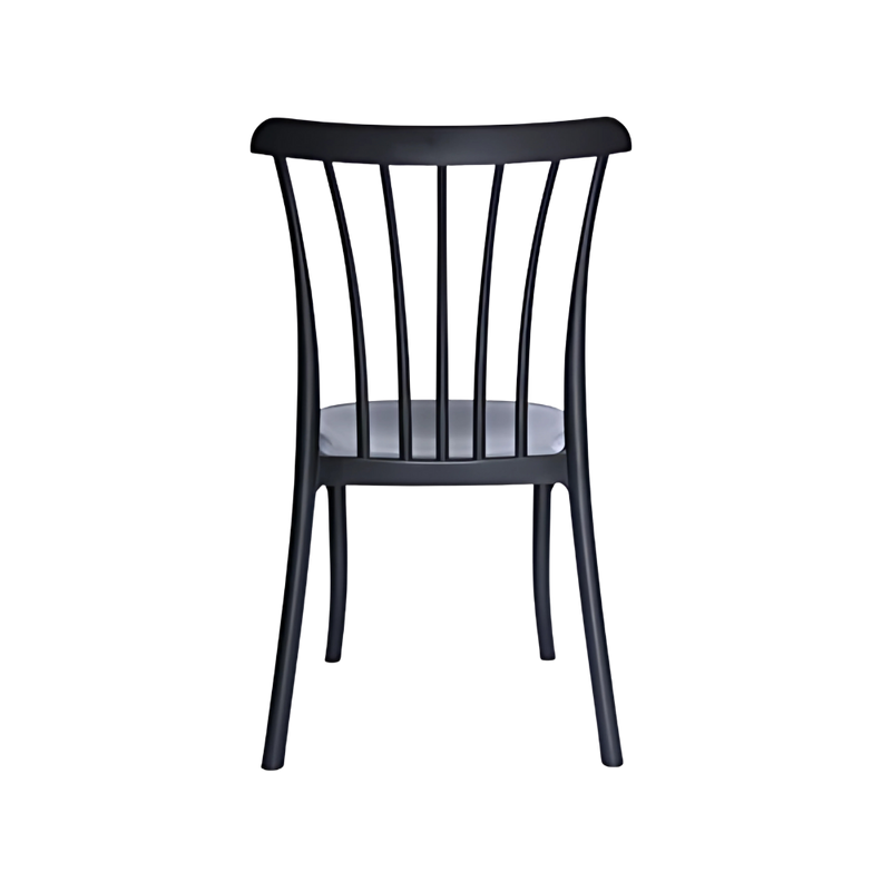 Silla para restaurante con respaldo asiento y patas de una sola pieza en polipropileno de alta resistencia y duración para intemperie resistente a los rayos ultravioleta (UV) y al ambiente salino Color Negro NORDIK Aura Muebles modelo OHV-118