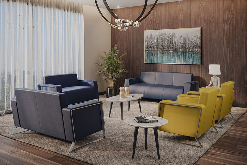 Vista del sillón de visita de 2 plazas Sofa Element en un entorno corporativo junto a sillones individuales del mismo modelo.