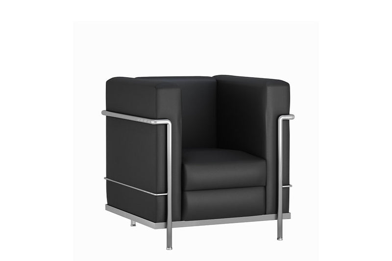 Sillón de visita Cubic individual en acabado negro con estructura cromada sobre fondo blanco