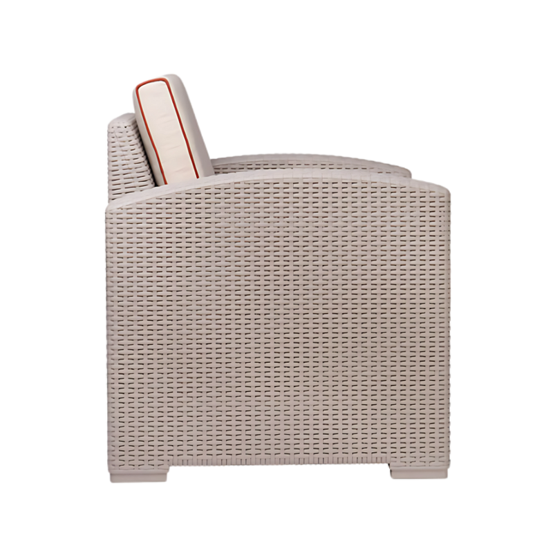 Sillón confortable Mueble en polipropileno de alta resistencia y duración para intemperie e interior resistente a los rayos ultravioleta (UV) y al ambiente salino con terminado en imitación rattán Aura Muebles modelo OHM-7023-CC