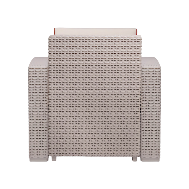 Sillón confortable Mueble en polipropileno de alta resistencia y duración para intemperie e interior resistente a los rayos ultravioleta (UV) y al ambiente salino con terminado en imitación rattán Aura Muebles modelo OHM-7023-CC