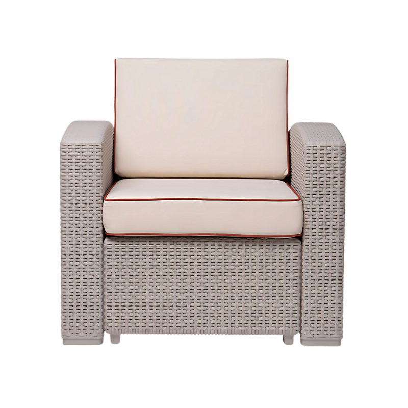 Sillón confortable Mueble en polipropileno de alta resistencia y duración para intemperie e interior resistente a los rayos ultravioleta (UV) y al ambiente salino con terminado en imitación rattán Aura Muebles modelo OHM-7023-CC