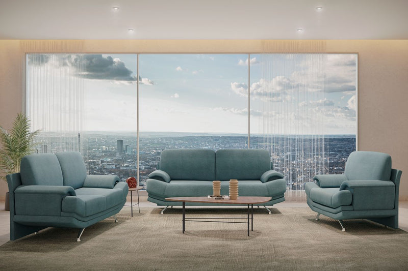 Sala de espera equipada con juego de sofás Sky en color aqua, vista panorámica al fondo