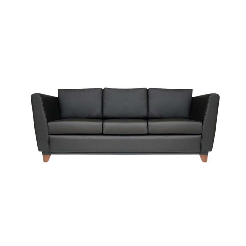 Sofá confortable Armazón de madera de pino sólido de 1″ de espesor patas de madera solida barnizadas en nogal acojinamiento en poliuretano flexible con aislante térmico Aura Muebles modelo ATENAS