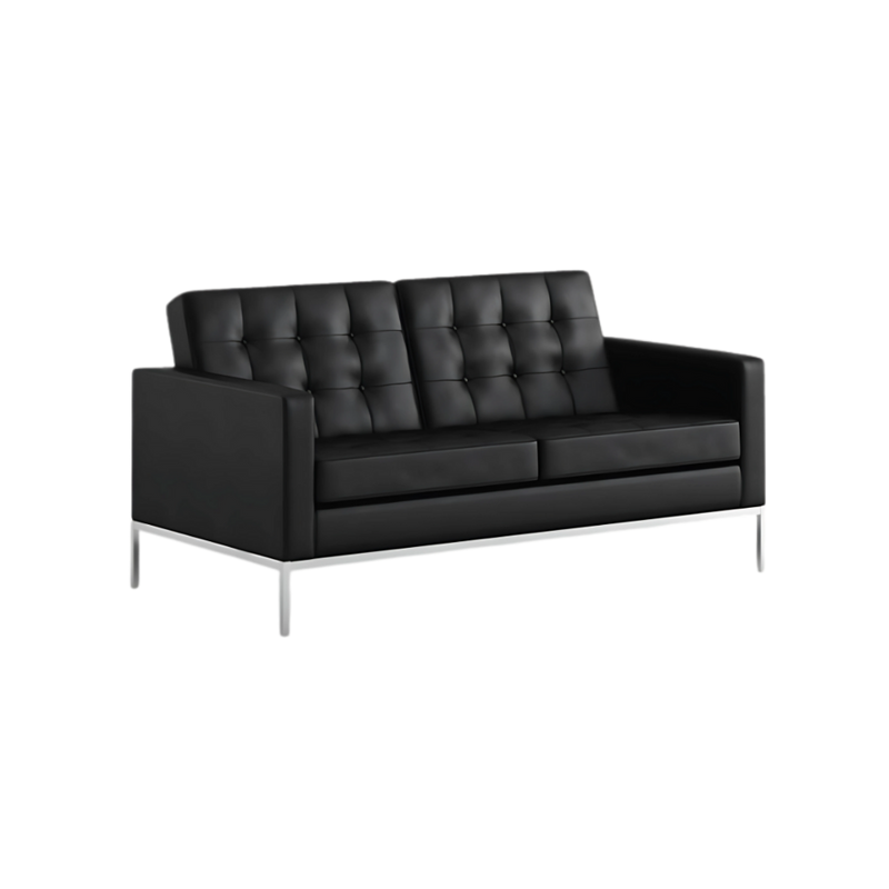 Sofá confortable Armazón de madera de pino sólido de 1″ de espesor diseño capitoneado base metálica pintura gris o negra acojinamiento en poliuretano flexible con aislante térmico Aura Muebles modelo BRAUN