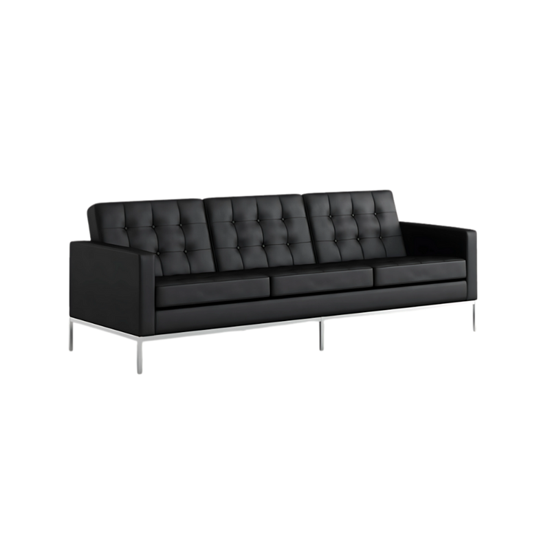 Sofá confortable Armazón de madera de pino sólido de 1″ de espesor diseño capitoneado base metálica pintura gris o negra acojinamiento en poliuretano flexible con aislante térmico Aura Muebles modelo BRAUN