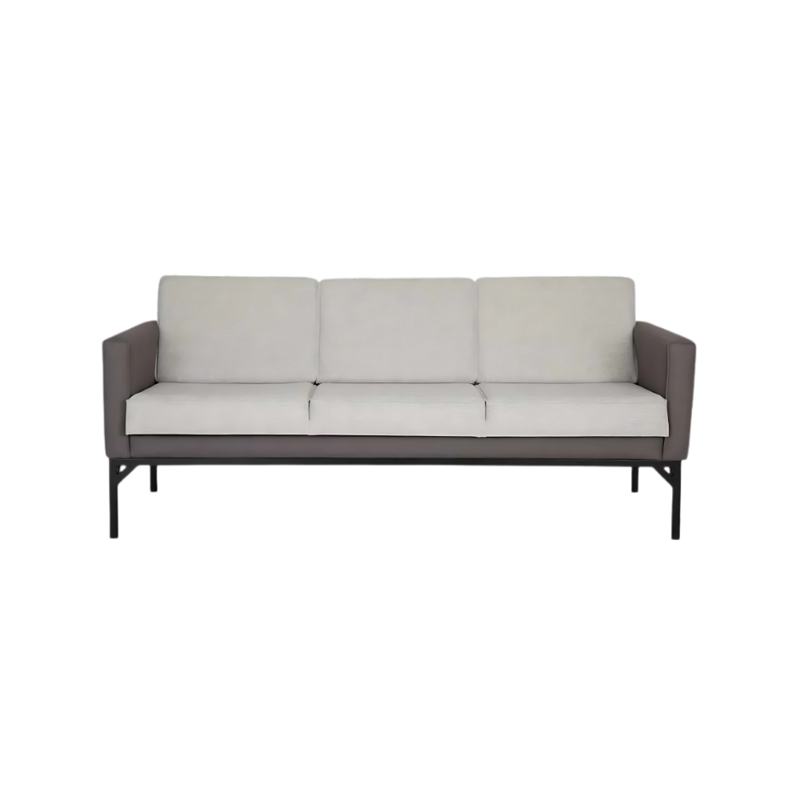 Sofá confortable Madera de pino solida de 21 mm. de primera calidad estructura ligada con bandastic #5 entrelazado rafia entretejida al resorte y bastidor para mayor firmeza base tubular cuadrada de 1" pintada en color aluminio Aura Muebles modelo DRESDEN-3P
