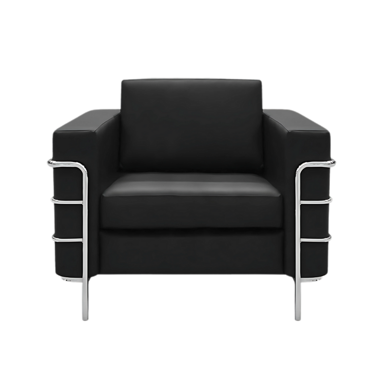 Sofá confortable Armazón de madera de pino sólido de 1″ de espesor base metálica cromada pintura gris o negra acojinamiento en poliuretano flexible con aislante térmico Aura Muebles modelo ELEGANCE