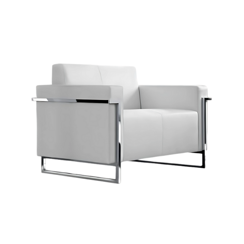 Sofá confortable Armazón de madera de pino sólido de 1″ de espesor base metálica cromada pintura gris o negra acojinamiento en poliuretano flexible con aislante térmico Aura Muebles modelo ELEGANCE-II