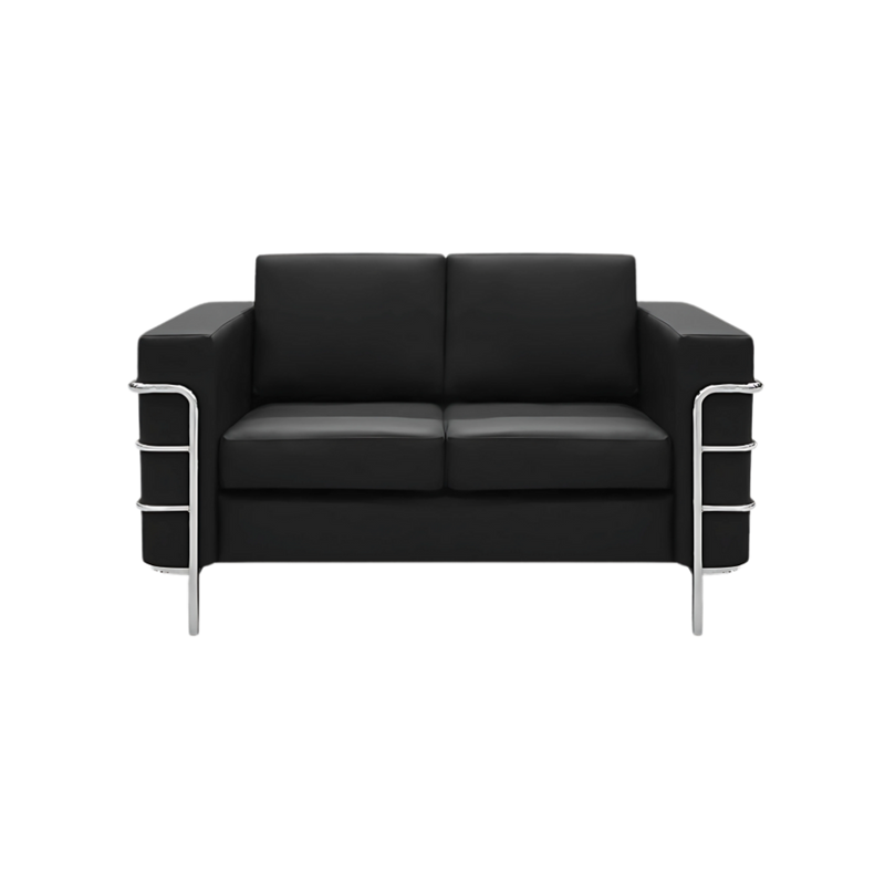 Sofá confortable Armazón de madera de pino sólido de 1″ de espesor base metálica cromada pintura gris o negra acojinamiento en poliuretano flexible con aislante térmico Aura Muebles modelo ELEGANCE