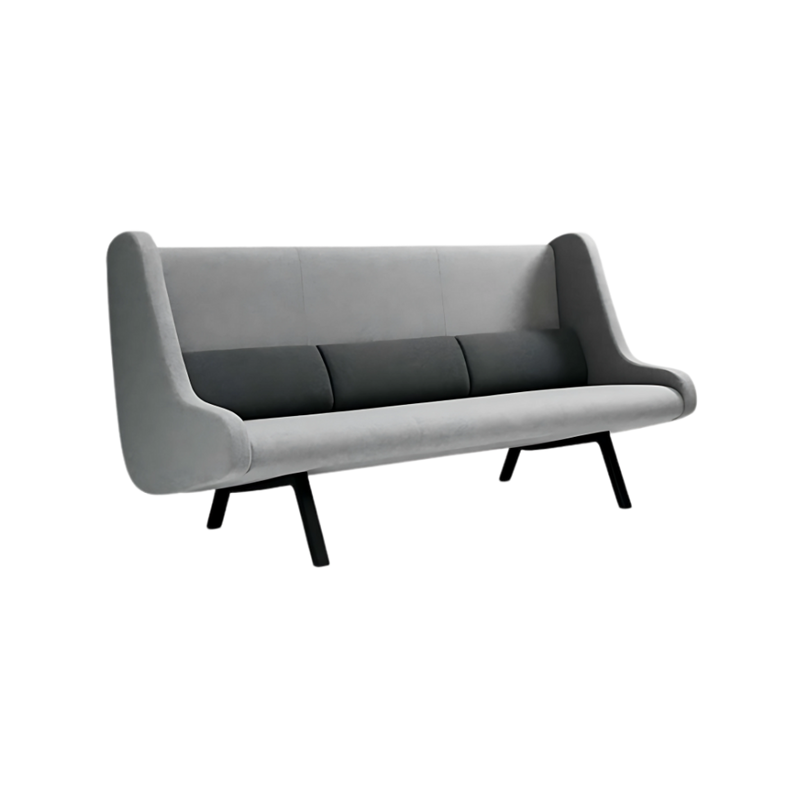 Sofá confortable Armazón de madera de pino sólido de 1" de espesor y triplay de 15 mm. patas metálicas enchapadas en madera barnizada pintura negra o gris oscuro cojines para soporte lumbar semi brazos acojinados Aura Muebles modelo FRANCIA semi brazos