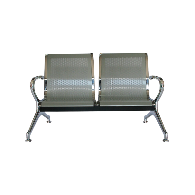 Banca de espera 2 plazas IVY Asiento y respaldo de lámina de acero troquelada perforada calibre 16 con acabado de pintura epóxica (electrostática) color plata Ensamblado en bastidor de acero tubular rectangular Aura Muebles  modelo OHR-2800-2P cromada