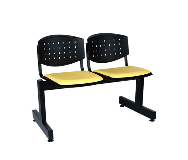 Banca de espera 2 plazas modelo A-290-2P con asiento tapizado amarillo y estructura metálica negra.