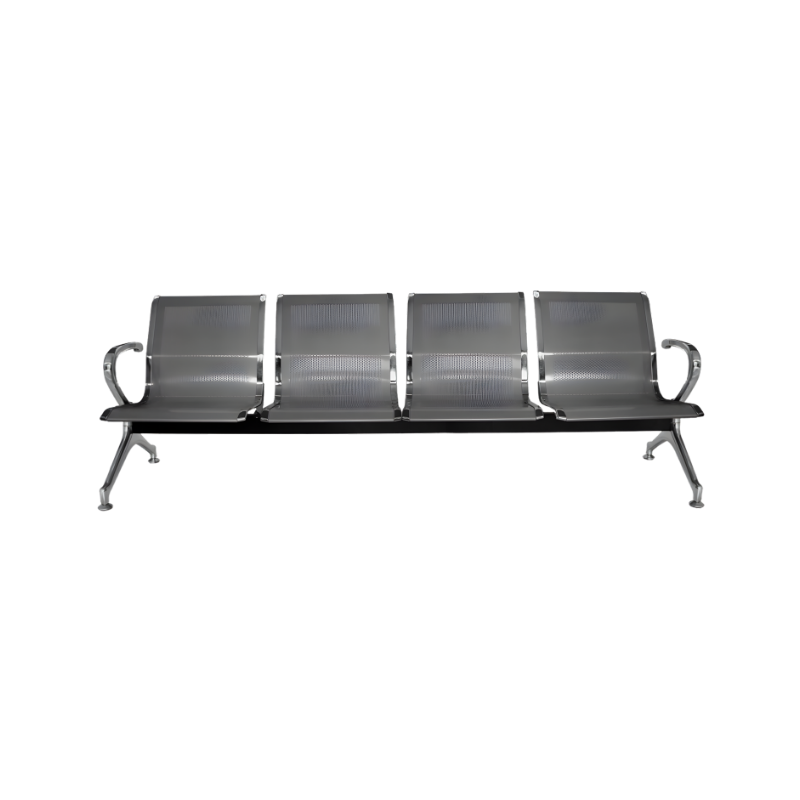 Vista frontal de la banca AE‑17 mostrando soporte horizontal, patas en acero y detalles de ensamblaje reforzado.